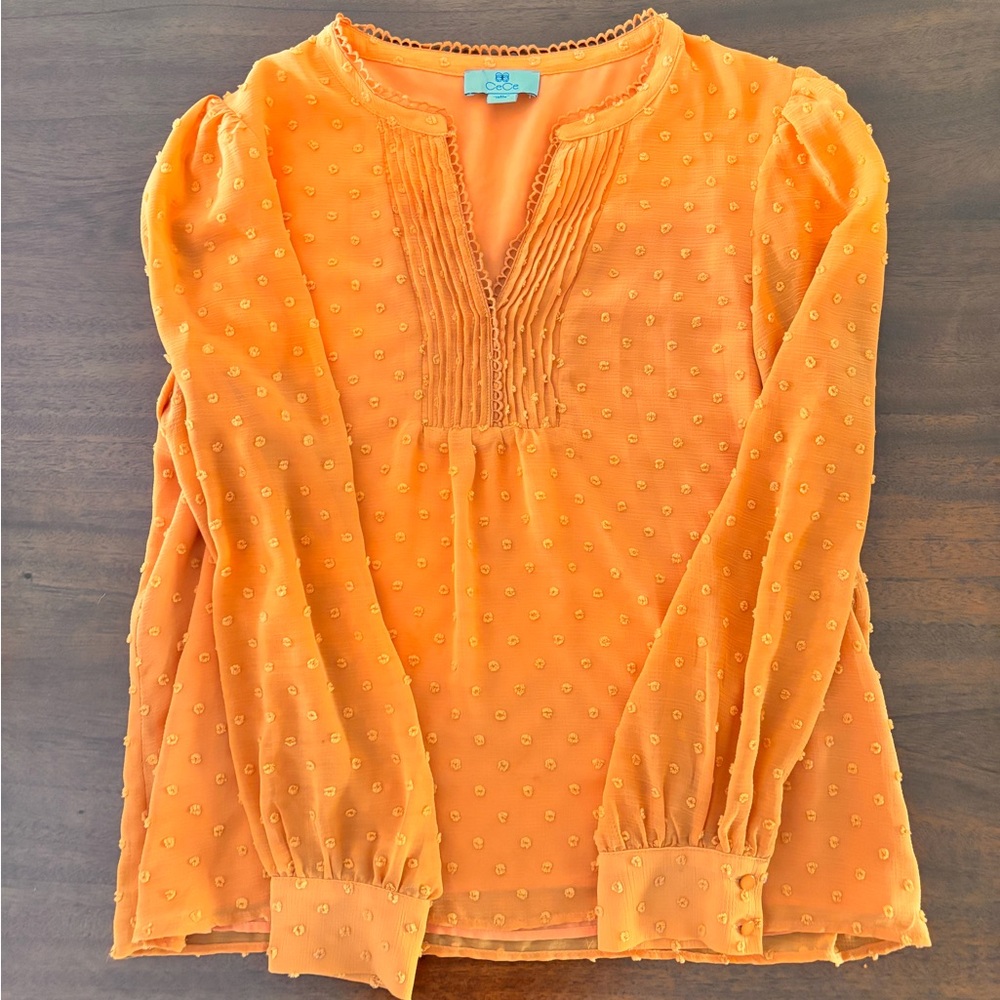 CeCe Orange Swiss Dot Long Sleeve Blouse